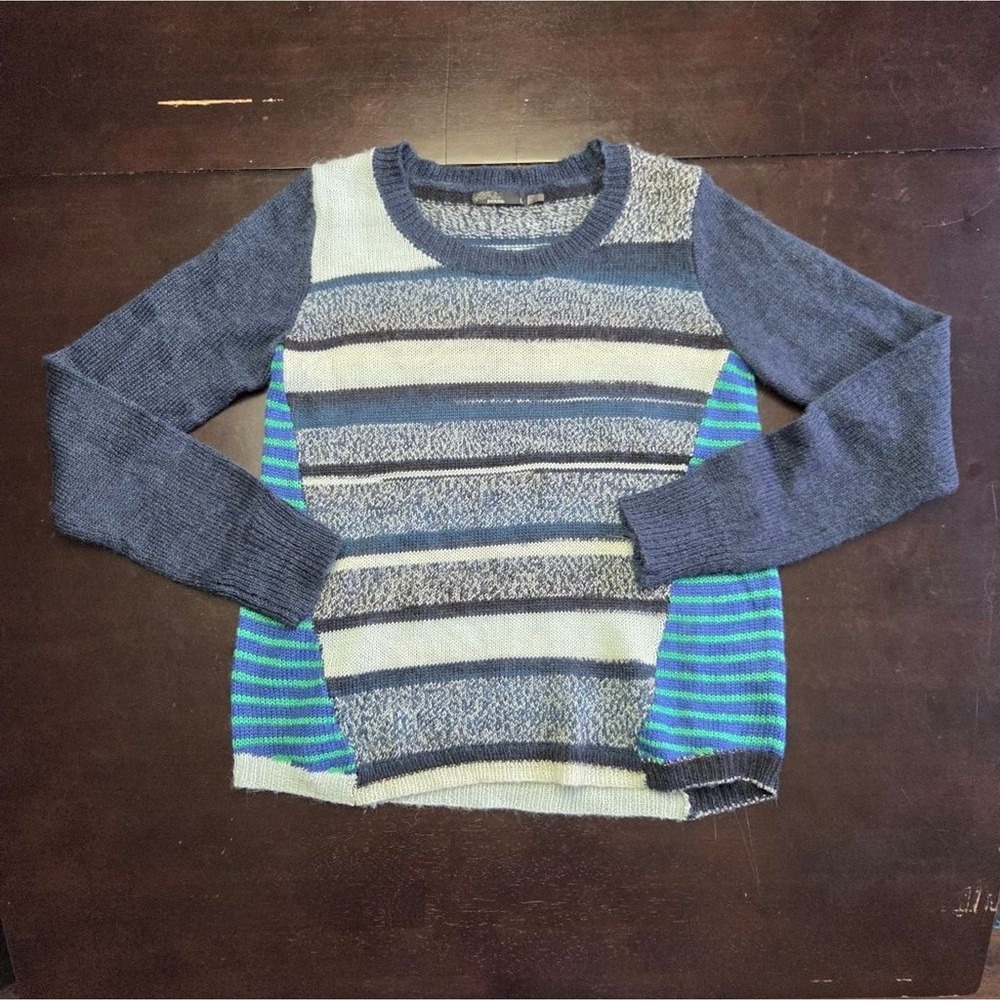 Prana Womens Striped Knit Sweater Blue Gray Colorblock Crew Neck Large